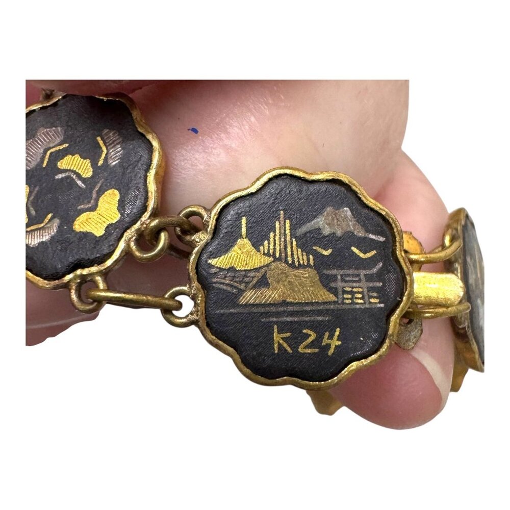 Vintage Japanese Damascene Scenic Mountain Village Link Bracelet K24 Gold Accent